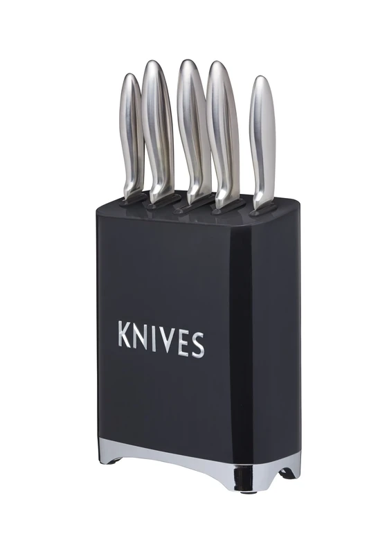 KitchenCraft Lovello Retro 5-Piece Stainless Steel Knife Set and Knife Block – Midnight Black