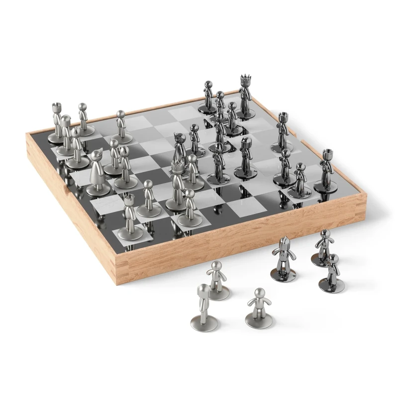 Umbra Buddy Chess Set For Kids & Adults – Modern Original Chessboard Game Made of Metal With Nickel & Titanium Finish – Measures 13 x 13 x 1 ½" (33 x 33 x 3.8 cm) - Velvet Bottom for Easy Moving - Image 1