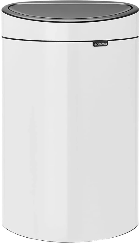 Brabantia 40L Kitchen Touch Bin New (White) Removable Lid, Soft-Touch Open, Flat Back, Easy Clean Rubbish Waste Bin + Bin Bags