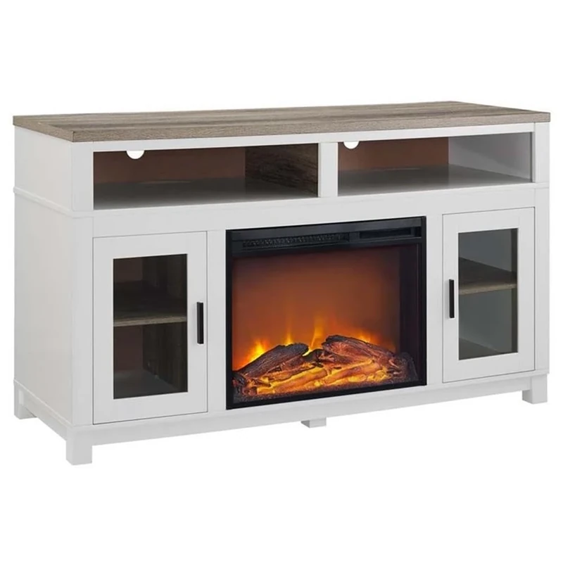 Ameriwood Home Carver Fireplace TV Stand for TVs up to 60 Inch, Replaceable Electric Fireplace Insert Heater, Remote Control, Timer, Realistic Log and Flame Effect, for Living Room or Bedroom, White
