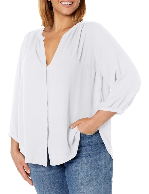 NYDJ Women's Plus Size 3/4 Sleeve Pintuck Blouse, Optic White, 1X