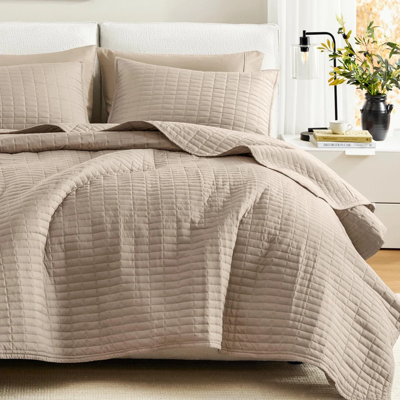 Comfort Spaces All Season, Lightweight, Coverlet Bedspread Bedding, Matching Shams, Fabric, Taupe, Quilt King/Cal King(104"x90")