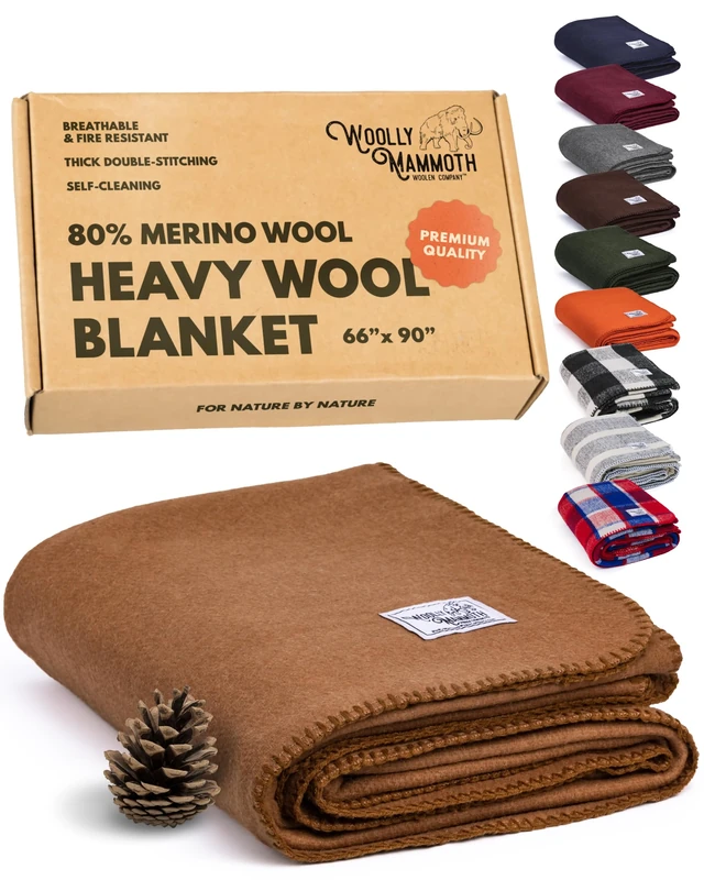 Woolly Mammoth Merino Wool Blanket - Large 66" x 90", 4LBS Camp Blanket | Throw for the Cabin, Cold Weather, Emergency, Dog Camping Gear, Hiking, Survival, Army, Outside, Outdoors – Tan
