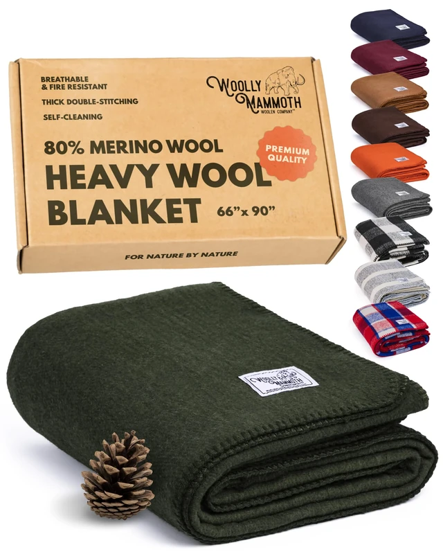 Woolly Mammoth Woolen Company Camping Essentials Merino Wool Blanket - 66in x 90in, Hunter Green, Modern Twill - Thermal Camping Blankets for Adults & Survival Use