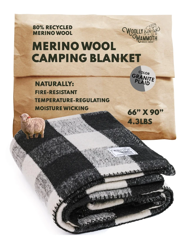 Woolly Mammoth Merino Wool Blanket- 66" x 90" 4 lbs Thick, Outdoor/Indoor Throw for Campfire, Picnic, Beach, Van Life, Home, Army- Farmhouse Collection Heavy Duty Insulating Sleep Plaid, Black/Cream