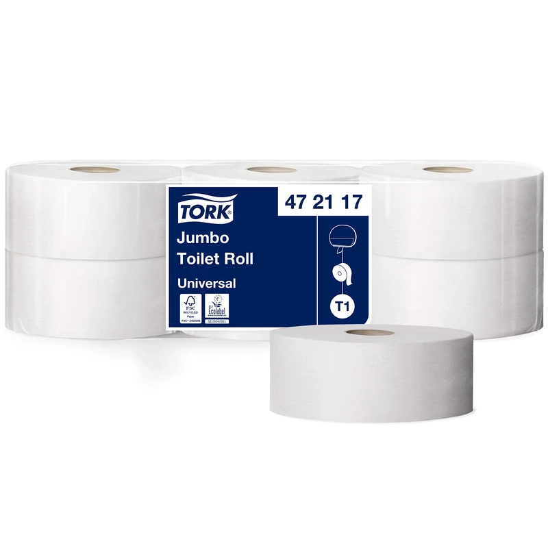 Tork 472117 Jumbo toilet paper roll Universal / Long lasting 1-ply rolls compatible with Tork T1 Jumbo toilet system / 1 x 6 rolls (6 x 3,250 sheets)