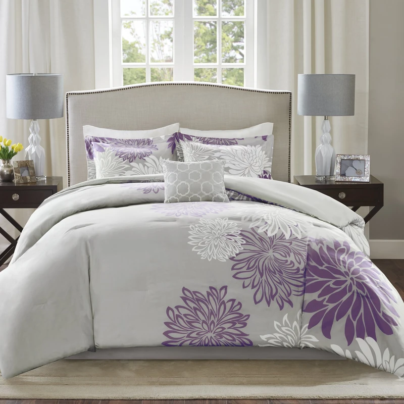 Comfort Spaces All Season Down Alternative Bedding, Matching Shams, Bedskirt, Decorative Pillows, fabric, Purple, King(104"x90")