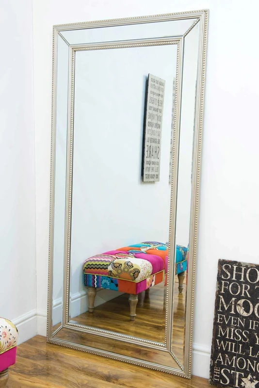 MirrorOutlet Large Beaded Edge Modern Venetian Wall Mirror, Silver, 180 x 90 cm