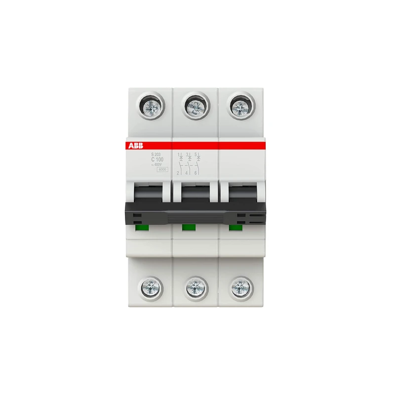 ABB S203-C100 Miniature Circuit Breaker, 3 Pole, Type C, 6kA Breaking Capacity, 100 Amp Current (2CDS253001R0824)