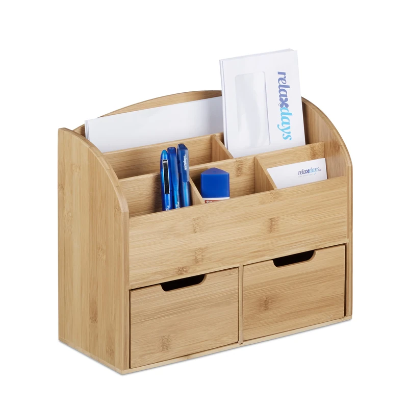 Relaxdays Bamboo Desk Organiser, Letter Holder, 6 Compartments, 2 Drawers, Natural Wood Grain, 25.5 x 33 x 13.5 cm, Natural Brown