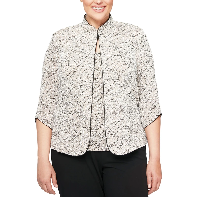 Alex Evenings Women's 3/4 Sleeve Twinset with Printed Jacket and Scooped Neck Cami (Petite and Regular Sizes) Dress Shirt, Beige, X-Large