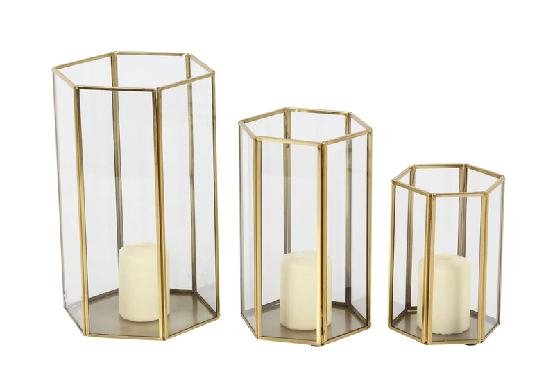 CosmoLiving by Cosmopolitan Glass Decorative Candle Lantern with Metal Plate, Set of 3 6 Inch, 8 Inch, 10 InchH, Gold