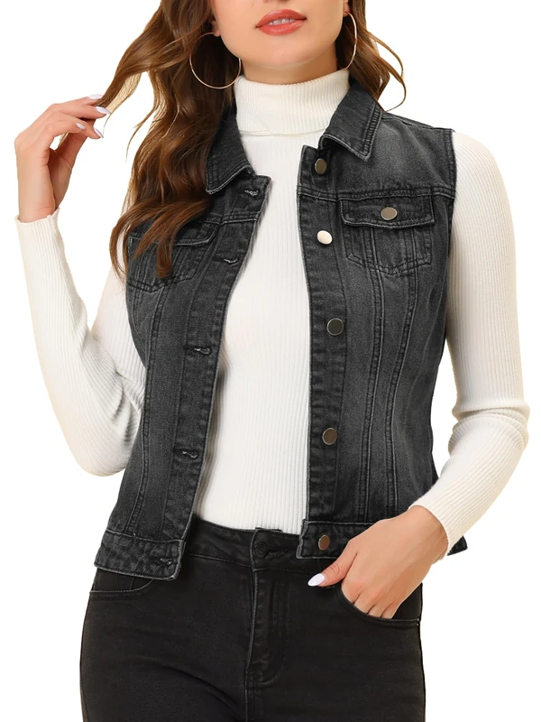 Allegra K Women's Buttoned Washed Denim Vest Jacket W Chest Flap Pockets Black L