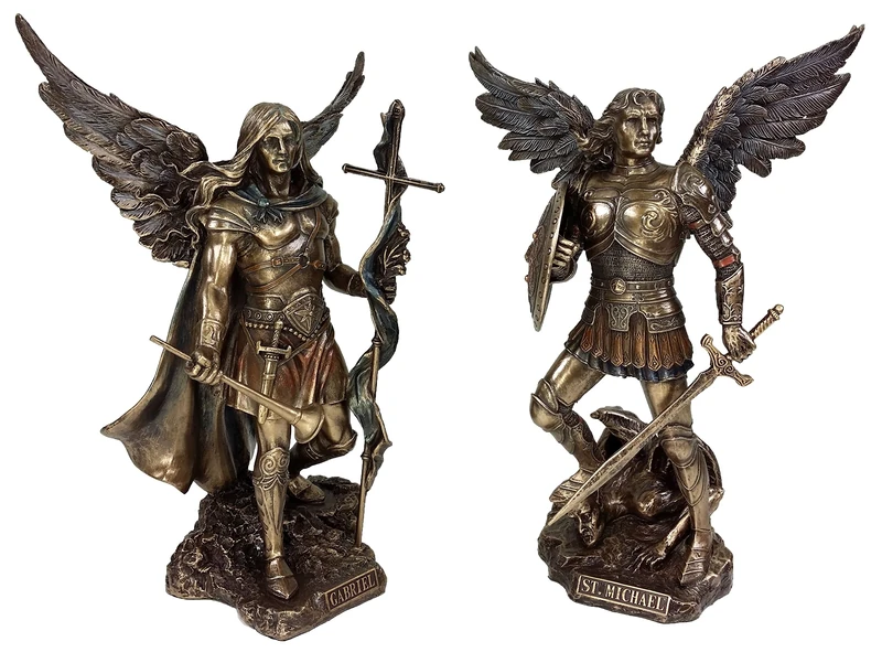 VERONESE Pair - Saint Michael and Gabriel Archangel W/Sword and Shield Food on Demon Statue Bronze Finish