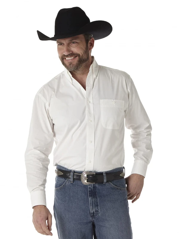 Wrangler Men's George Strait One Pocket Button Long Sleeve Woven Shirt, White, XL