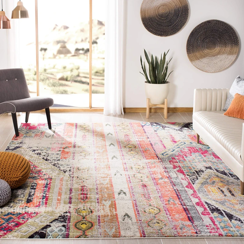 SAFAVIEH Boho Rug for Living Room, Dining Room, Bedroom - Monaco Collection, Short Pile, in Light Grey and Multi, 240 x 300 cm