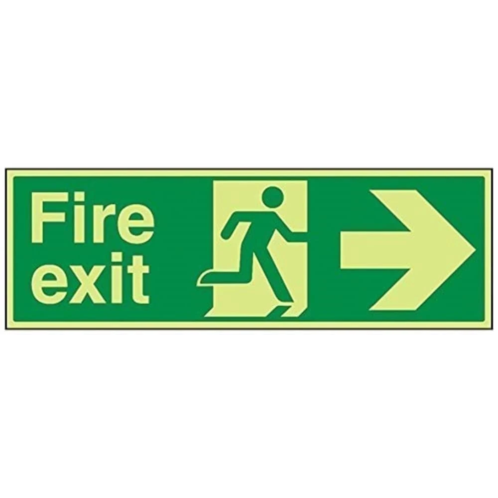 V Safety Glow In The Dark Fire Exit Arrow Right Sign - 600mm x 200mm - Rigid Plastic