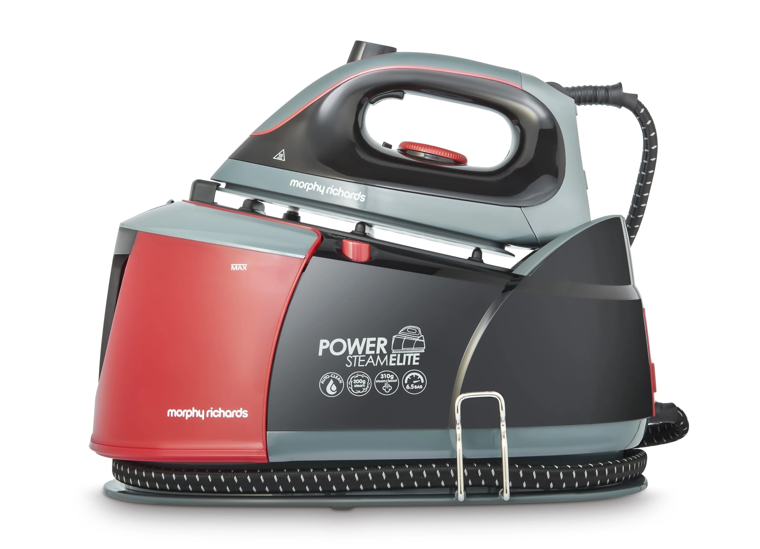 Morphy Richards Power Steam Elite + Steam Generator Iron, Ceramic Non-stick Soleplate, 310g Steam Boost, 200g Steam Output, 6 Bar, Auto Clean, 1.3L Water Tank, 1.8m Cord, 2400W, Black/Red, 332013