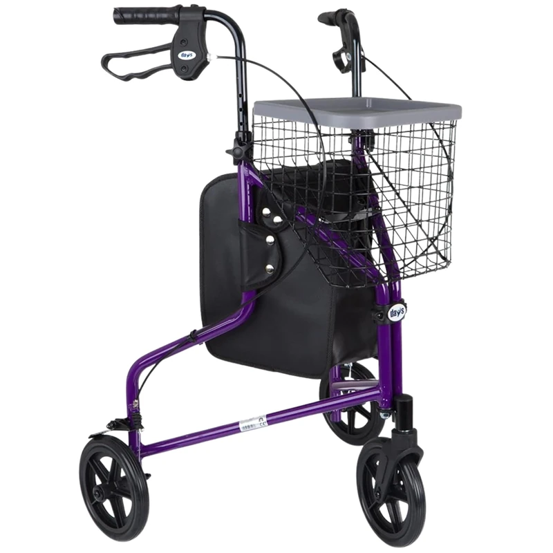 Days Lightweight Aluminium 3 Wheel Walker – Height Adjustable and Foldable Mobility Aid for Elderly – Triwalker with Basket, Tray, Bag and Lockable Brakes – Indoor and Outdoor Walker – Purple