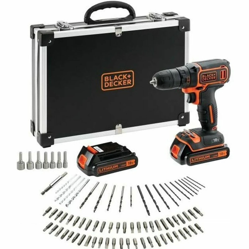 BLACK+DECKER 18V Li-Ion Cordless Drill with Charger - Includes 80 Accessories and 2 1.5Ah Batteries - Delivered in a Box - For Metal, Wood, and Face Stains BDCDC18BAFC-QW