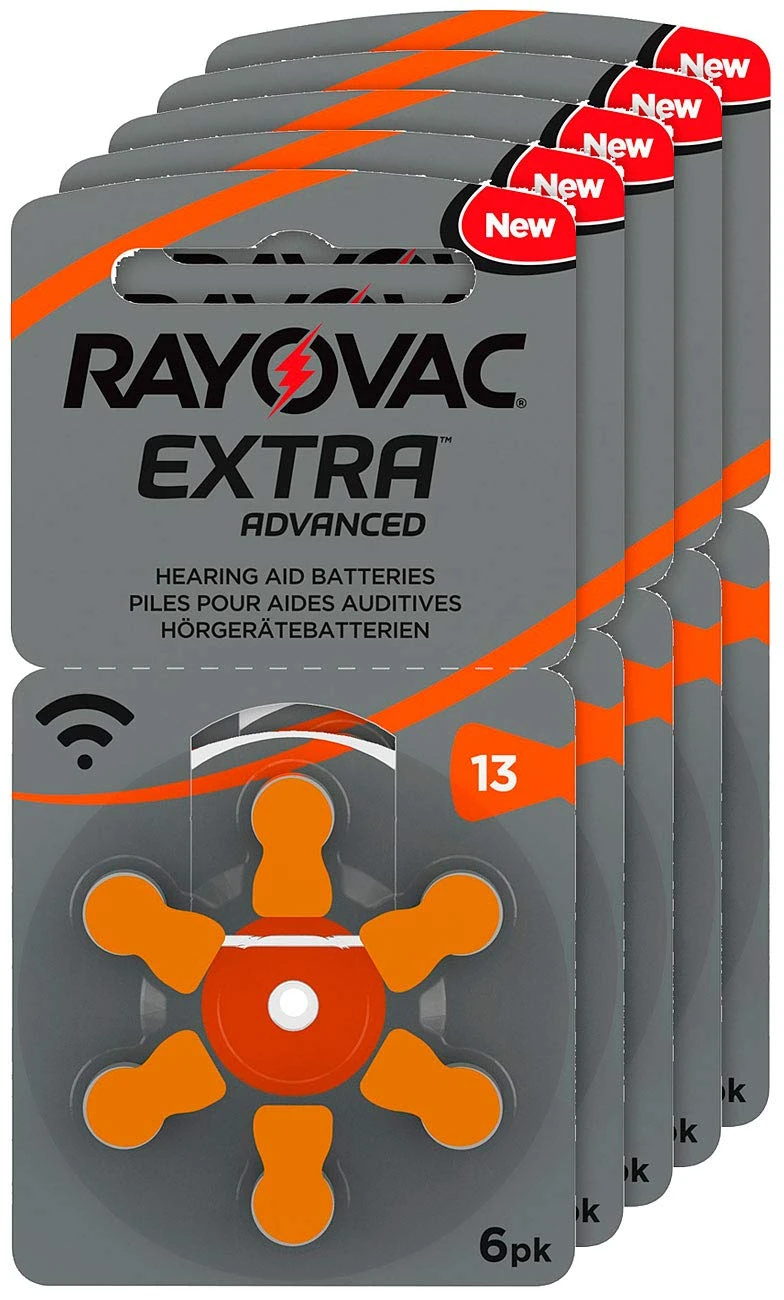 Rayovac Extra Advanced hearing aid batteries, type 13, 1.45 V, 310 mAh, 5x packs of 6