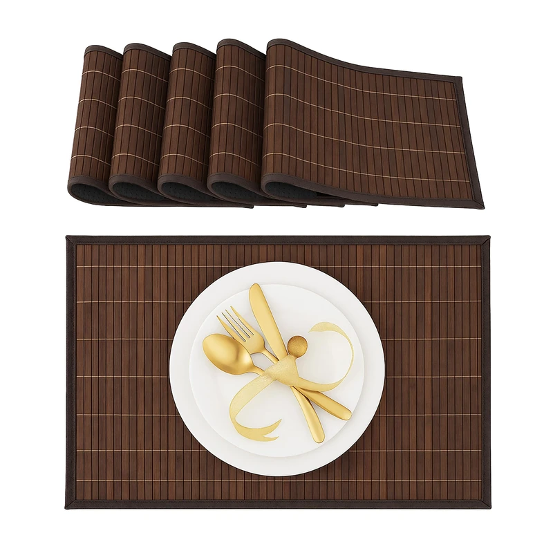 Relaxdays Place Mat Set, 6x Coaster, Tableware, Drinks, Table Protector, Square, 45 x 30 cm, Bamboo, Stylish, Brown