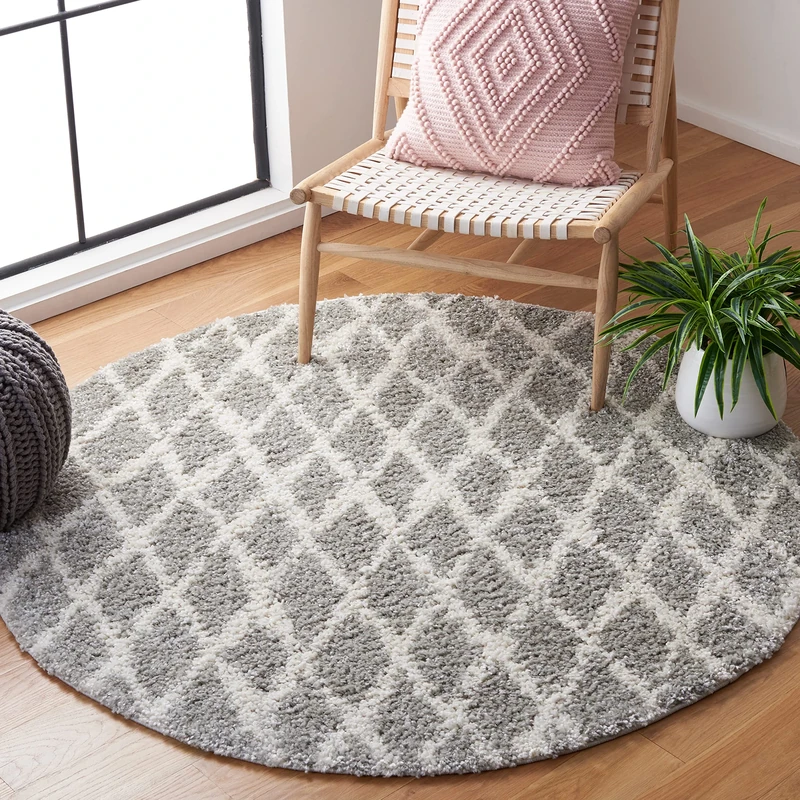 Safavieh Moroccan Shaggy Indoor Woven Round Area Rug, Berber Shag Collection, BER163, in Light Grey / Cream, 155 X 155 cm for Living Room, Bedroom or Any Indoor Space
