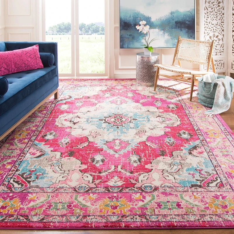 Safavieh Boho Rug for Living Room, Dining Room, Bedroom - Monaco Collection, Short Pile, in Pink and Multi, 200 x 200 cm