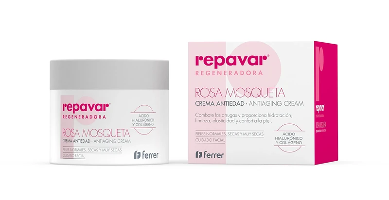 Repavar - Moisturising Face Cream - Rosehip, Hyaluronic Acid and Collagen - Enriched with Vitamin E and Shea Butter - Regenerates the Skin and Delays the Signs of Ageing - 50 ml