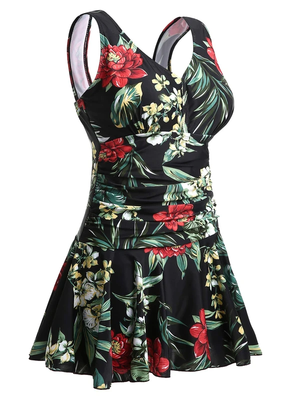 MiYang Women's Plus-Size Polka Dot Shaping Body One Piece Swim Dresses Swimsuit Black Flower 3XL (UK 16-18)