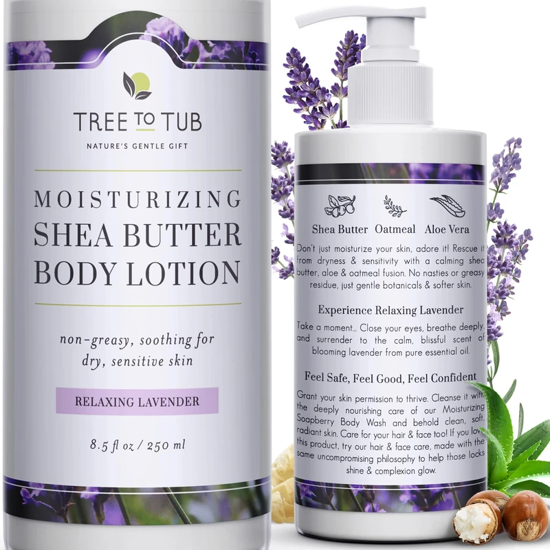 Tree To Tub Lavender Shea Butter Body Lotion for Dry Skin - Moisturizing Sensitive Skin Lotion for Women & Men, Vegan Body Moisturizer w/Organic Aloe Vera, Cocoa Butter, All Natural Colloidal Oatmeal