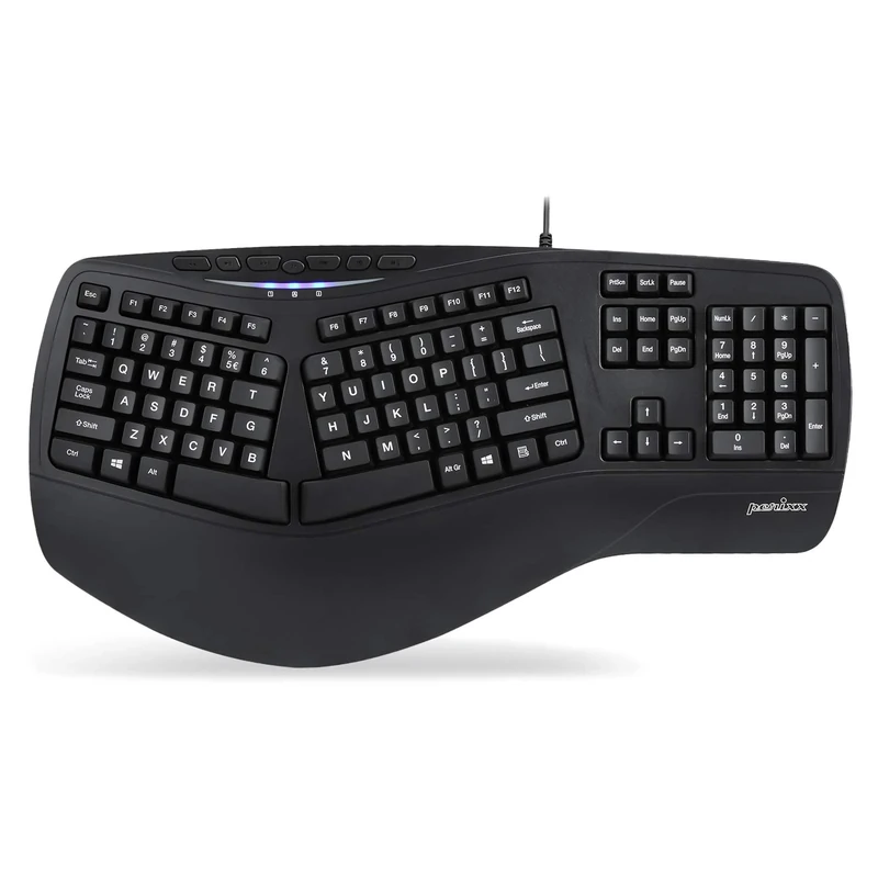 perixx PERIBOARD-312 Ergonomic Backlit Keyboard - Wired USB with 2 Hubs - Natural Ergonomic Split Design - White LED - Black