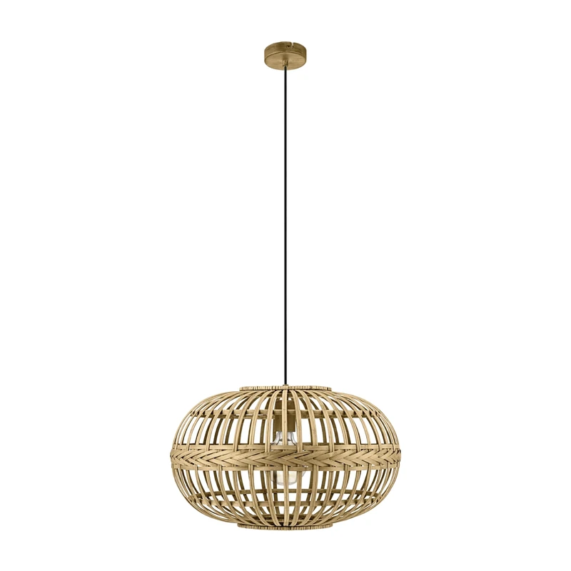Eglo Amsfield Pendant Light, Vintage, Nature, Boho, Hygge, Steel Hanging Light, Natural-Coloured Wood, Dining Table lamp, Hanging Living Room Light with E27 Socket, Ø 38 cm/14.9 inches