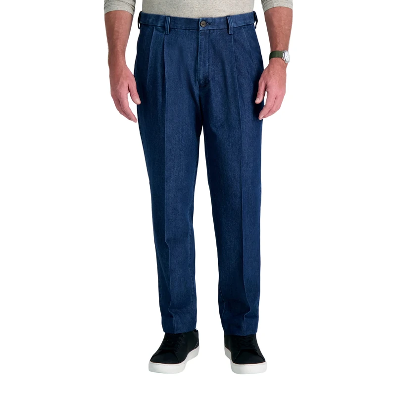Haggar Men's Casual Classic Fit Denim Trouser Pant-Regular and Big & Tall Sizes, Pleated Medium, 36W x 34L