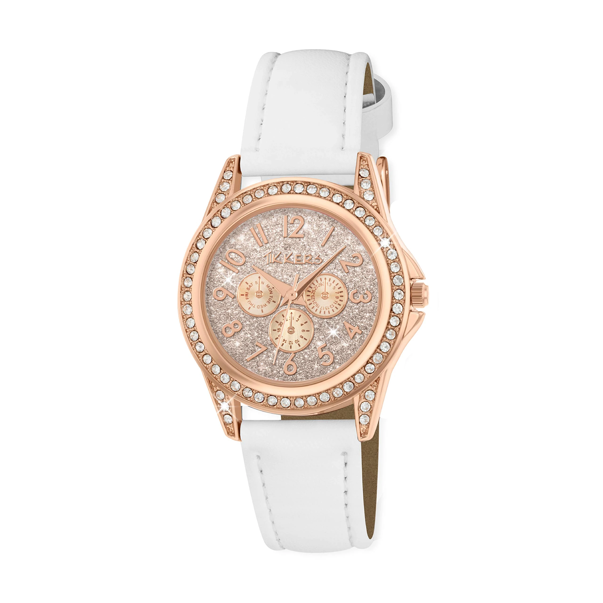 Tikkers Girl's Quartz Watch with Rose Gold Dial Analogue Display and White Imitation Leather Strap TK0129