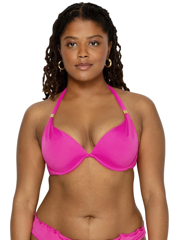 Smart & Sexy Women's Swim Secret Mega Push-up Halter Bikini Top, Fuchsia Sizzle, 32A