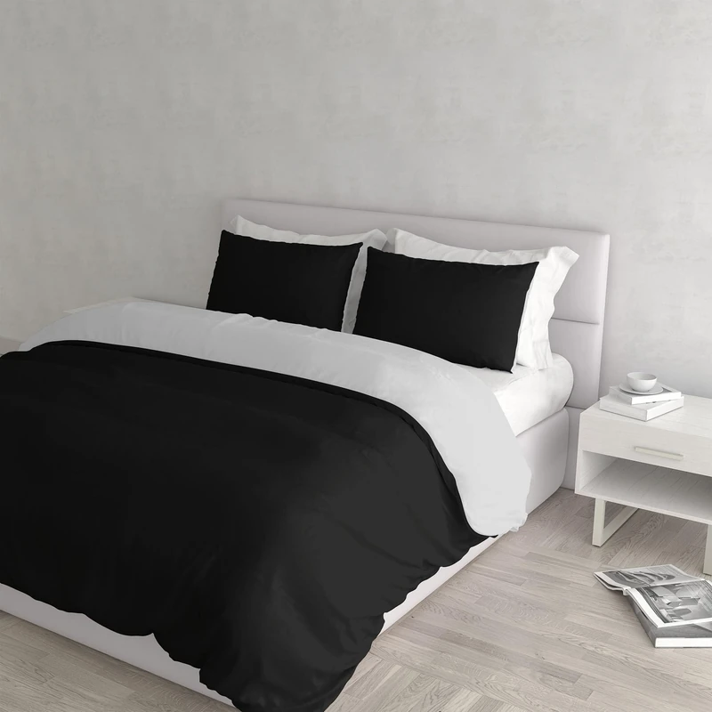 Italian Bed Linen Natural Color Duvet Cover Set with Doubleface Solid Colour Bag Sheet and Pillowcase, Black/Light Gray, double