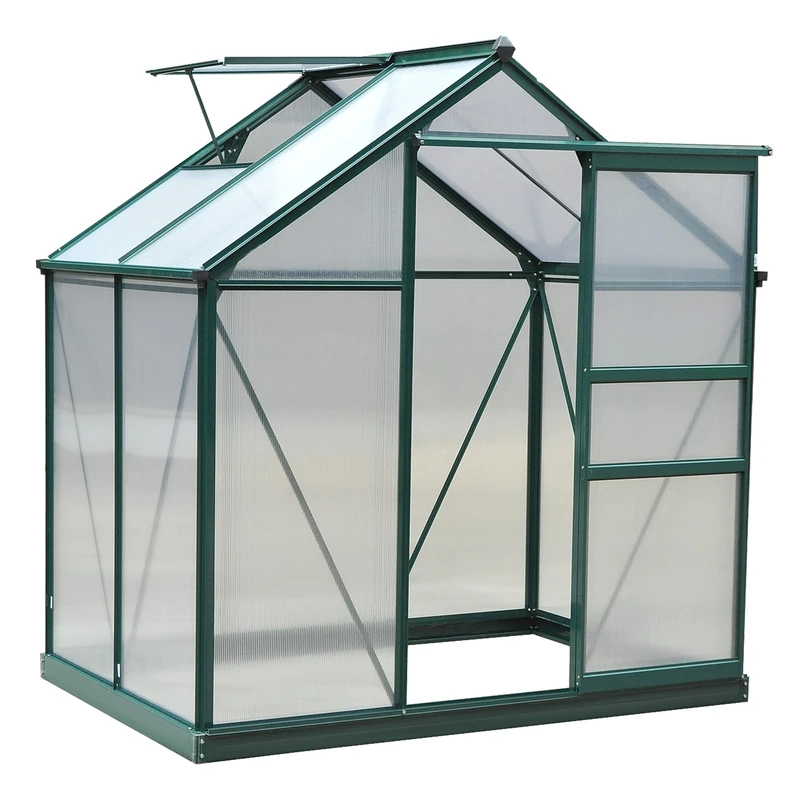 Outsunny 6 x 4 ft Large Clear Polycarbonate Walk-In Galvanized Base Aluminium Frame Greenhouse with Slide Door - Green