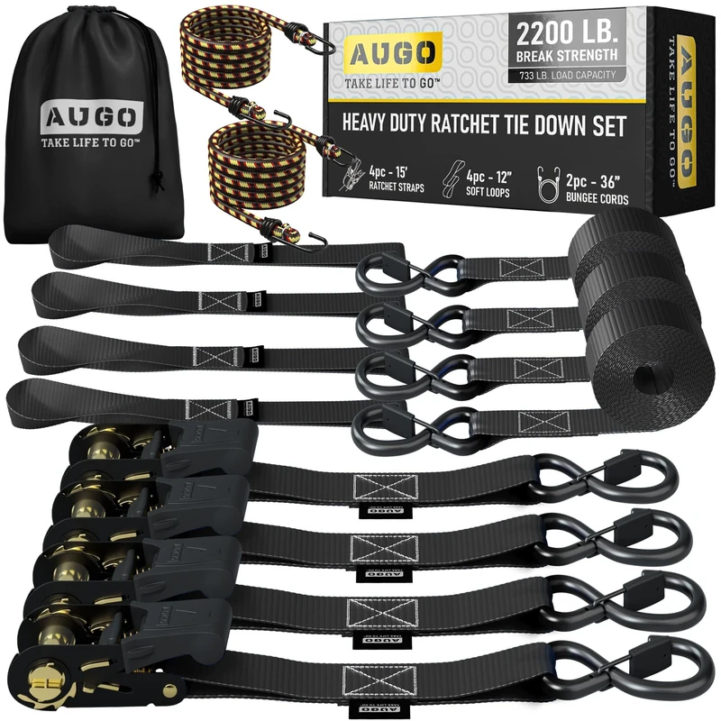 AUGO Ratchet Tie Down Straps –4 PK– 4.5m – 1000 KG Break Strength – Safety Lock S Hooks –for Moving Cargo, Appliances, Lawn Equipment, Motorcycle – Includes 2 Bungee Cords, 4 Soft Loops, Storage Bag