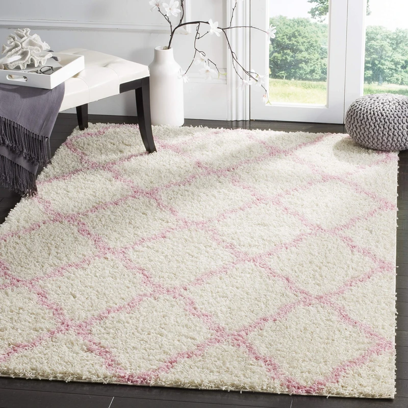 Safavieh Shaggy Indoor Woven Rectangle Area Rug, Dallas Shag Collection, SGD257, in Ivory/Light Pink, 91 X 152 cm for Living Room, Bedroom or Any Indoor Space