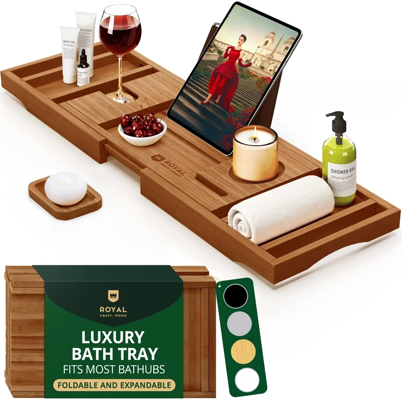 ROYAL CRAFT WOOD Luxury Bamboo Bathtub Caddy Tray, Free Soap Holder (Brown)