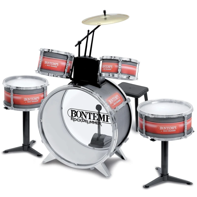 Bontempi 51 4830 6 Pieces Metallic Silver Drum Set with Stool, Multi-Color