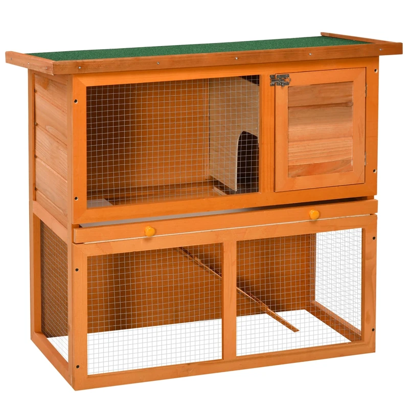 PawHut 2-Tier Rabbit Hutch Wooden Guinea Pig Hutch Double Decker Pet Cage Run with Sliding Tray Opening Top