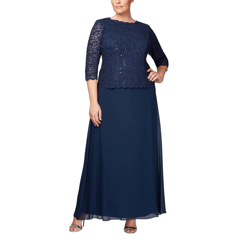 Alex Evenings Women's Plus Size Tea Length Lace Mock Dress Special Occasion, Navy, 28