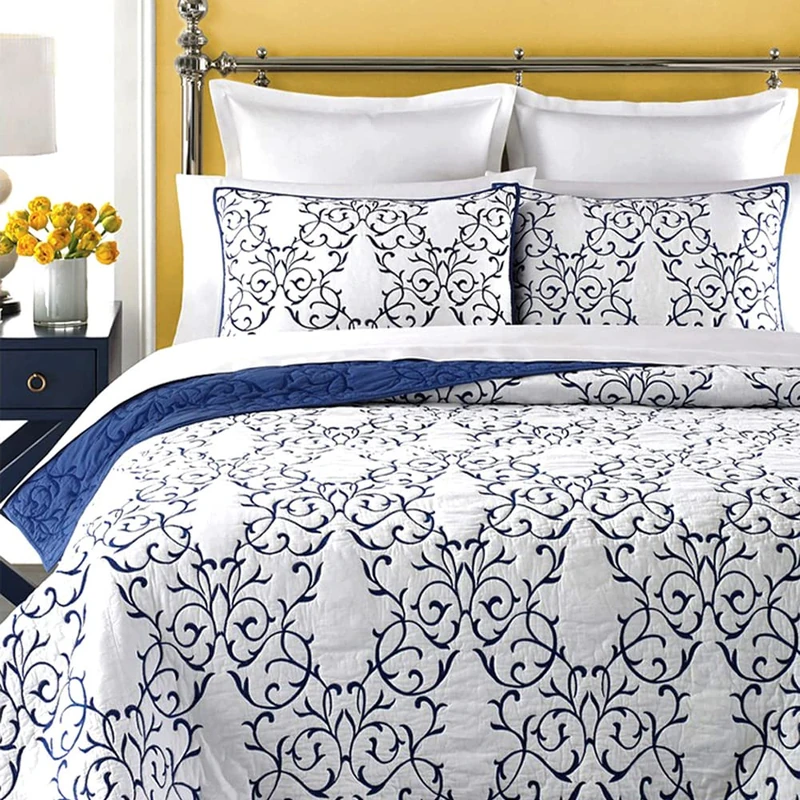 mixinni® Luxury 100% Cotton Embroidered Quilt Bedding Bedspread Comforter -(Double Royal Blue)(Not Including Pillow Shams)