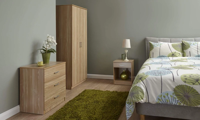 GFW Panama Bedroom Sets With Wardrobe, Chest Of Drawers & Bedside Table, Modern Wooden Matching Bedroom Furniture Storage Set, Oak, 3 Piece Set