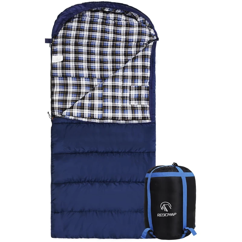 REDCAMP Cotton Flannel Sleeping Bag for Adults, XL 32F Comfortable, Envelope with Compression Sack Blue 2lbs(95"x35")