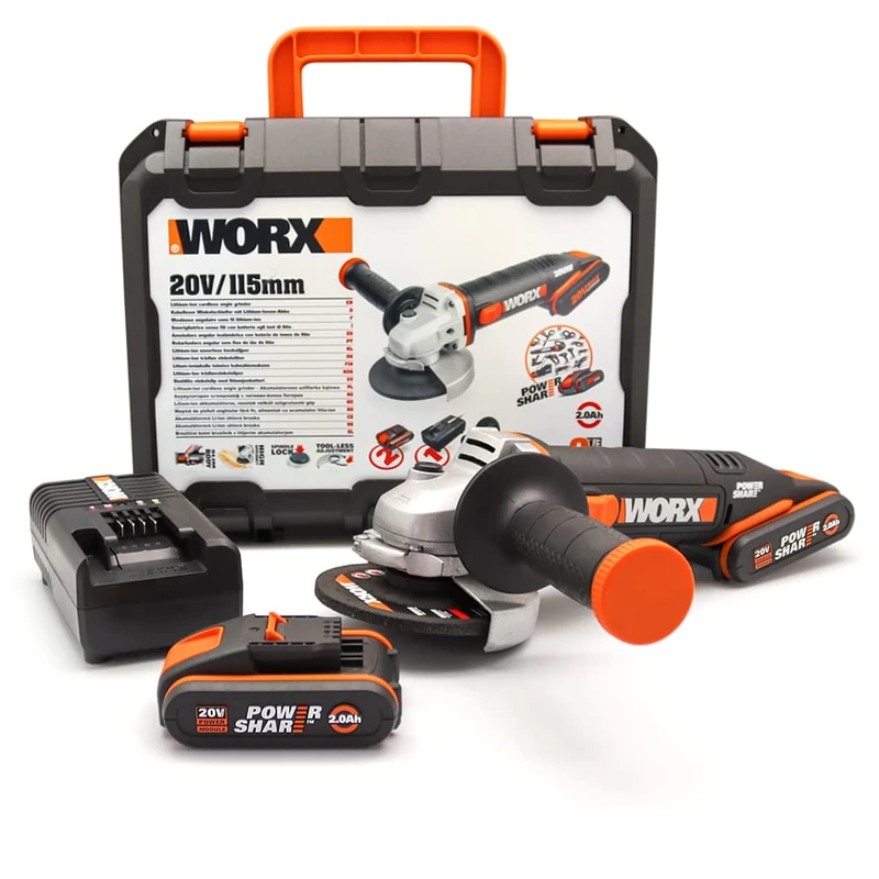 WORX WX800 Li-Ion Akku-Winkelschleifer 20V – Kompakter Schleifer mit schmalem Körper, Zusatzhandgriff & leistungsstarkem 20V Akku zum Schleifen & Schneiden
