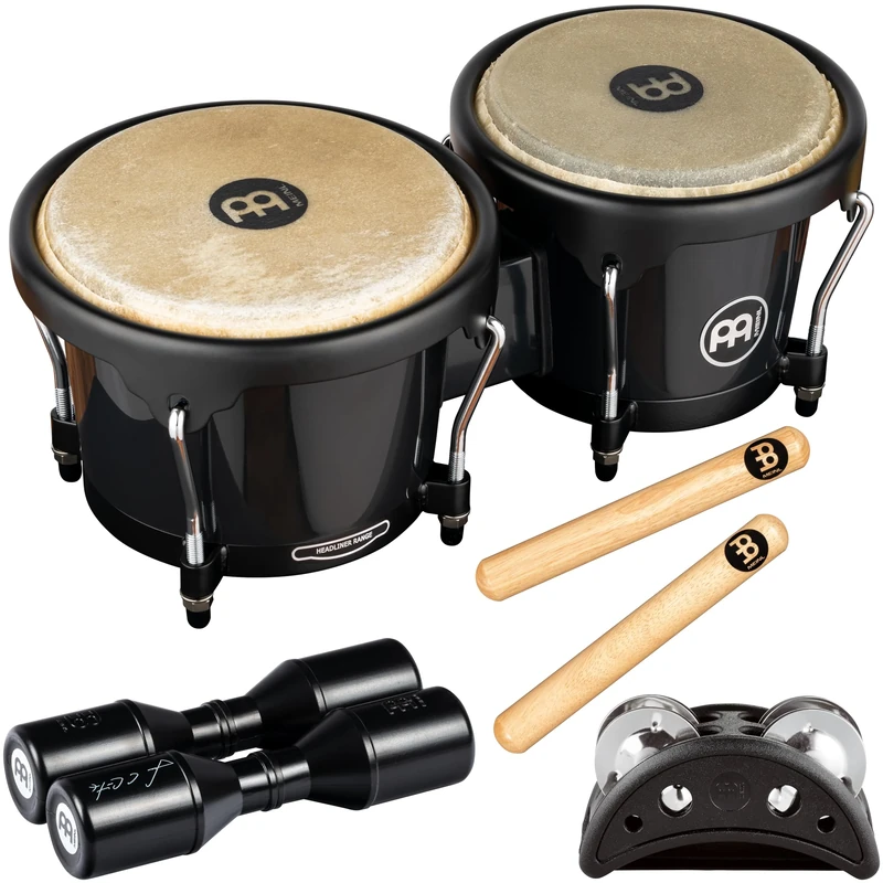 Meinl Percussion Bongos Percussion Set - with Bongos, Shaker, Foot Tambourine, and 1 Pair of Claves - Black, Natural (BPP-1)