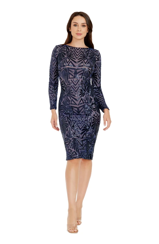 Dress the Population Women's Emery Long Sleeve Stretch Sequin Midi Sheath Dress, Navy, L